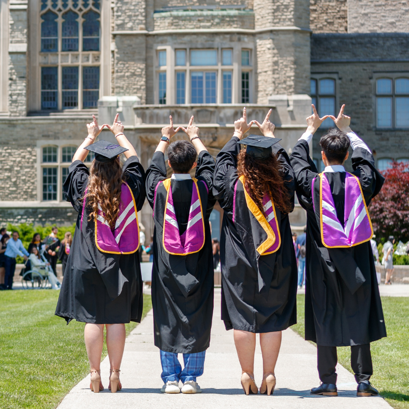 Four students in their graduation gowns and regalia's with their backs turned, holding their hands up making a W (for Western), facing UC tower.