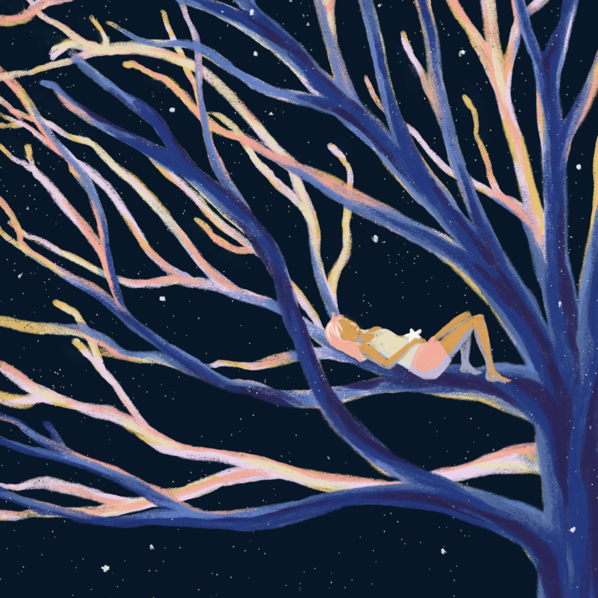 Illustration of a girl sitting in a tree at night.